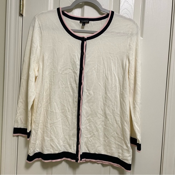 NWOT Talbots Cream,  Navy Pink Trim Charming Cardigan L - Picture 1 of 7